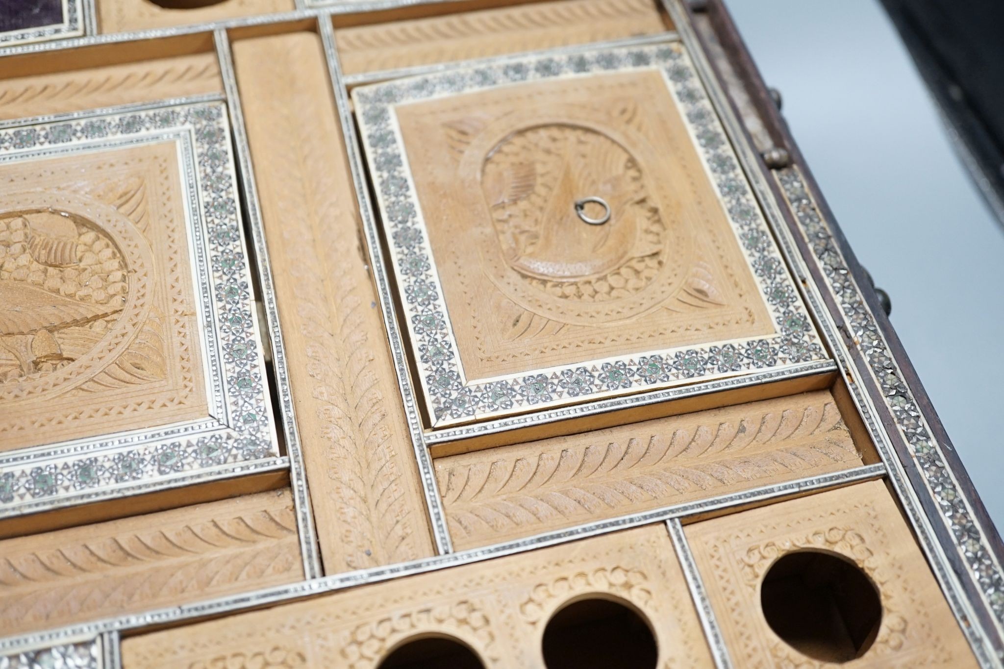 A 19th century Southern Indian sadeli-work sandalwood sewing box, 44cms wide x 30 deep.